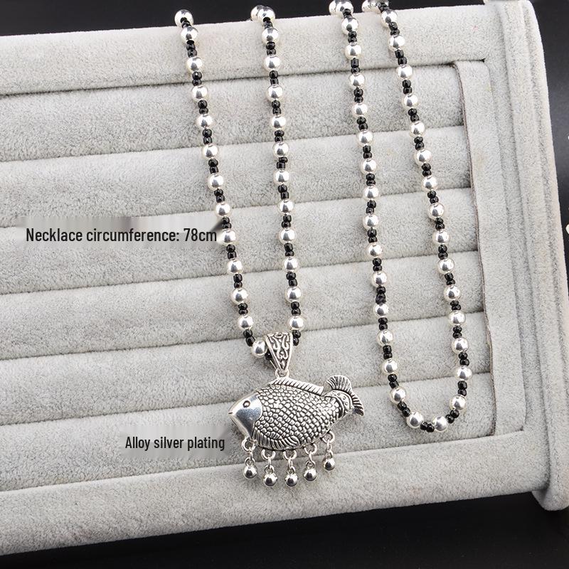 Ethnic Style Good Luck Flower Necklace with Tibetan Silver Longevity Lock Pendant