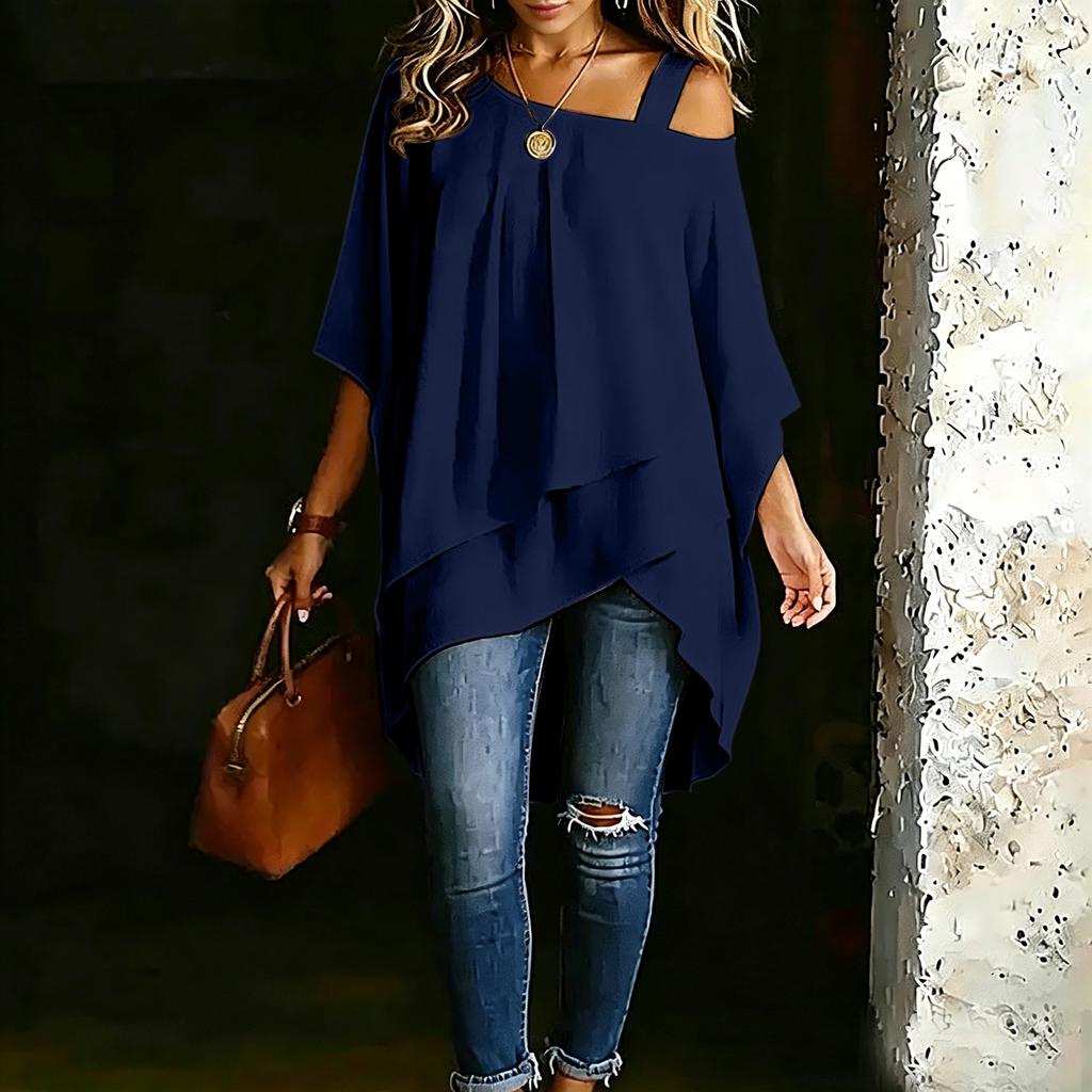 Women Casual One Shoulder Strap Top Loose Fit Layered Hem Blouse Lightweight Fabric Summer Wear