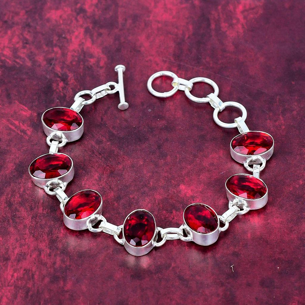 Red Garnet 925 Solid Sterling Silver Bracelet, Handmade Gemstone Bracelet Jewelry, Gifts For Wife Brand New Bracelet