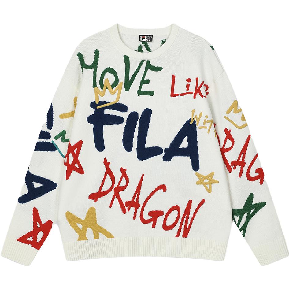 Fila Da Da Long Series Woven Color Block Fun Handwritten Pattern Knit Sweater Unisex Sweater Cloud-Mushroom-White F11U419402F-WT