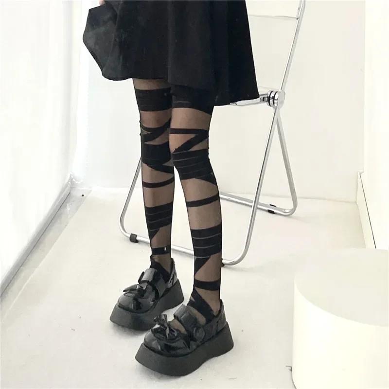 Ultrathin Women Spicy Girl Bandage Stripe Long Stockings Female Japanese Lolita Jk Y2K Sexy Summer Cross Tube White Stockings