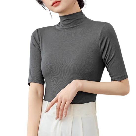 Letní topy Rolák Jednobarevný Polorukáv Slim Fit Hladké letní oblečení Ženy Strečová vrstva Pohodlné Top s vysokým výstřihem Denní nošení
