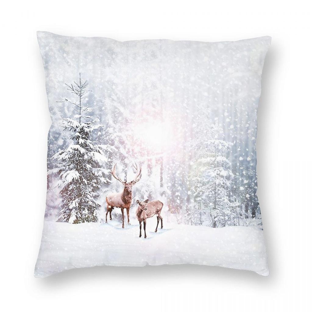 Winter Wonderland Christmas Deer Stag Square Pillowcase Polyester Linen Velvet Creative Zip Decor Pillow Case Car Cushion Cover