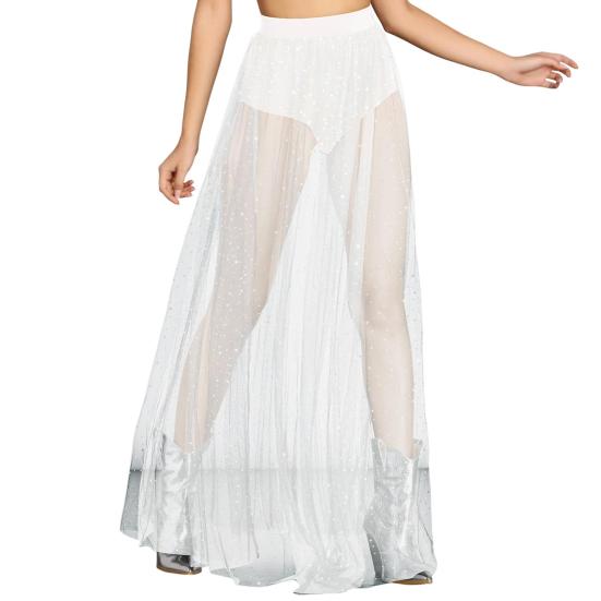 Sexy Skirt Shiny Elastic High Waist Perspective Rhinestones Decor Maxi Skirt