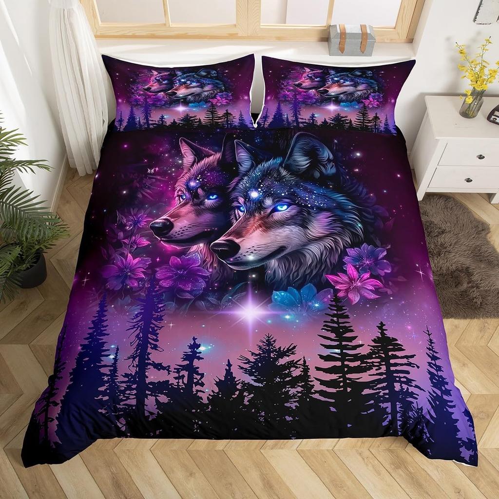 Wildtier Wolf Bettbezug Waldtier Vollständiger Bettdeckenbezug für Jungen MädchenAurora Bettwäsche-Set Stern Galaxie Himmel Tagesdecke Bezug