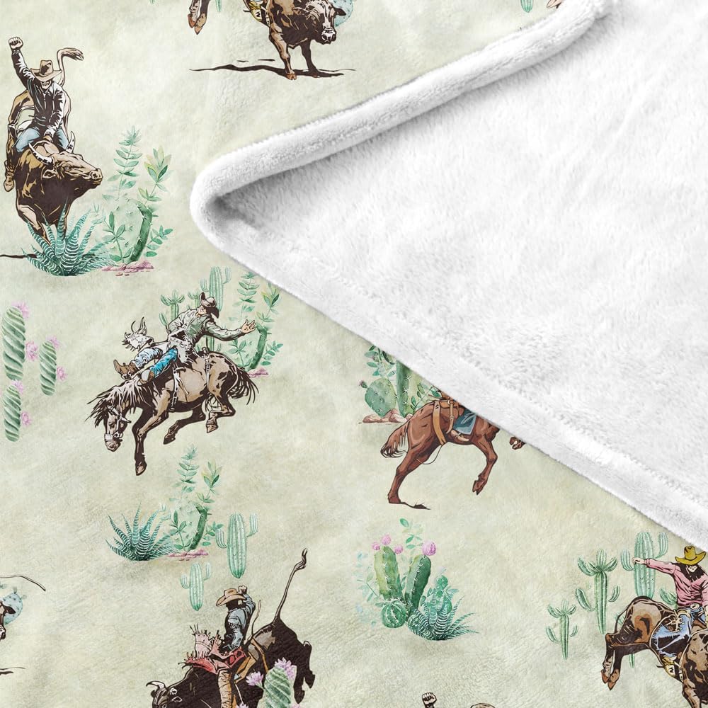 Western Cowboy Throw Blankets For Boys, Vintage Cowboy Ride Horse Western Theme Cozy Bed Couch Flannel Blanket, Desert Cactus Wi