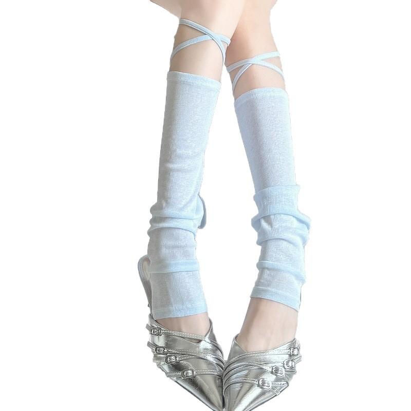 Sunscreen Leg Cover Women'S Spring And Summer Anti-Hook Silk Thin Concealer Skin Socks Strap Bow Ribbon Medium Tube Socks Calf Cover