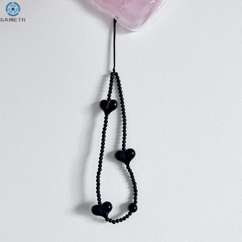 Korean Black Heart Phone Charm Straps Acrylic Beaded Cell Phone Chains Handy Wristlet String Lanyard Y2K Jewelry Accessories