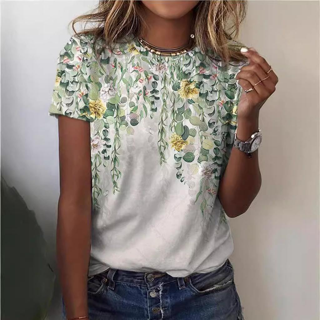 Women Floral Pattern T Shirt Vintage O Neck Short Sleeve Casual T-shirts Female Tee Tops