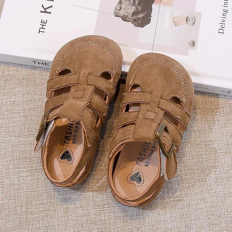 Wildledersandalen für Mädchen, rutschfeste Sohle, römische Kleinkindschuhe mit Pastellfarben, Prinzessin, Strand, Garten, Barfußschuhe 4-6 Jahre
