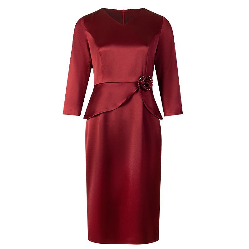 Elegant Autumn V-Neck Slimming Acetate Dress for Moms