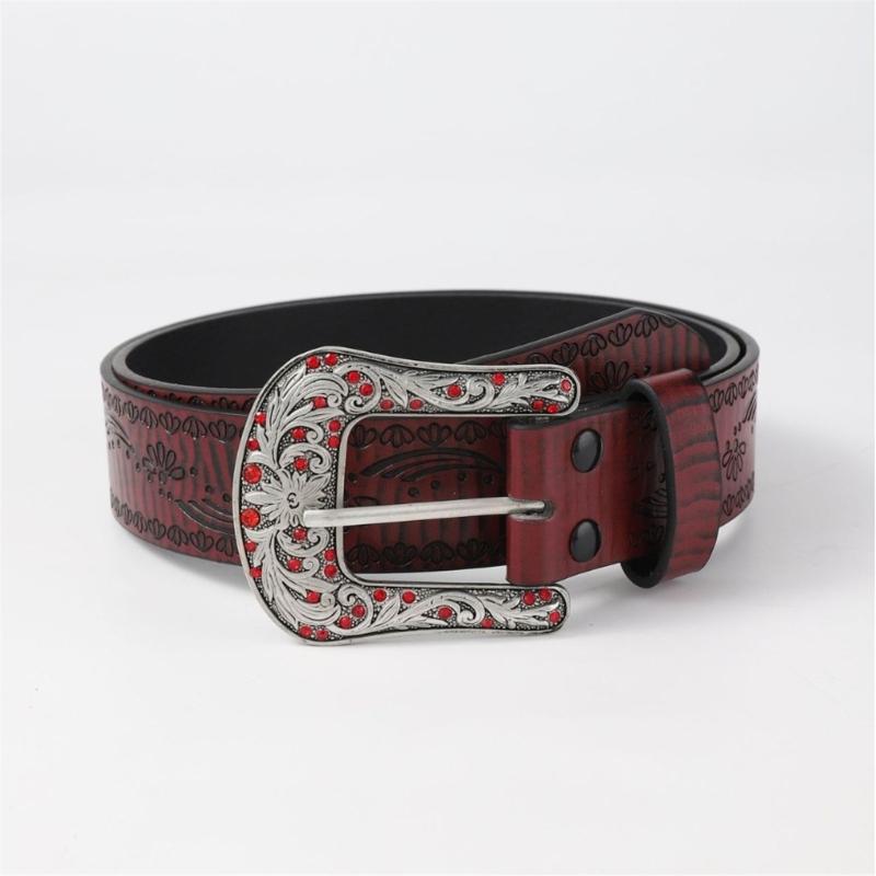 Shimmering PU Waist Belt with Carved Floral Buckle for Girls Jeans Skirt Decor