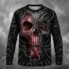 New Men's Round-Neck Halloween Long-Sleeve T-Shirt with Spooky Skull Print for Holiday Parties - Men's Top