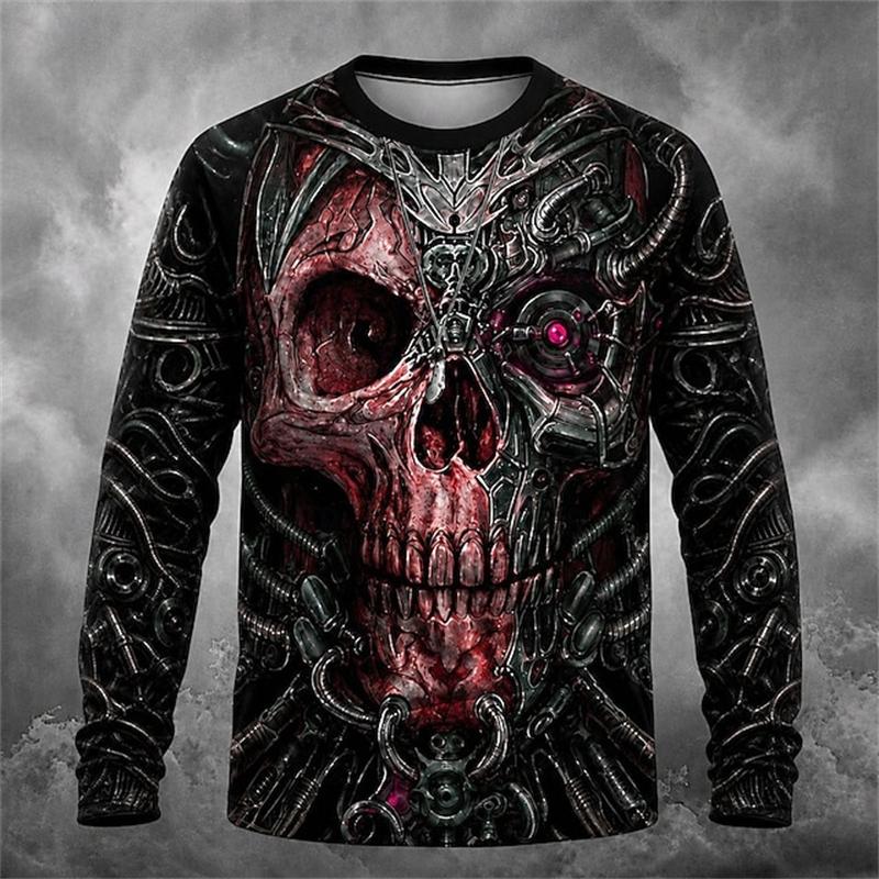 New Men's Round-Neck Halloween Long-Sleeve T-Shirt with Spooky Skull Print for Holiday Parties - Men's Top