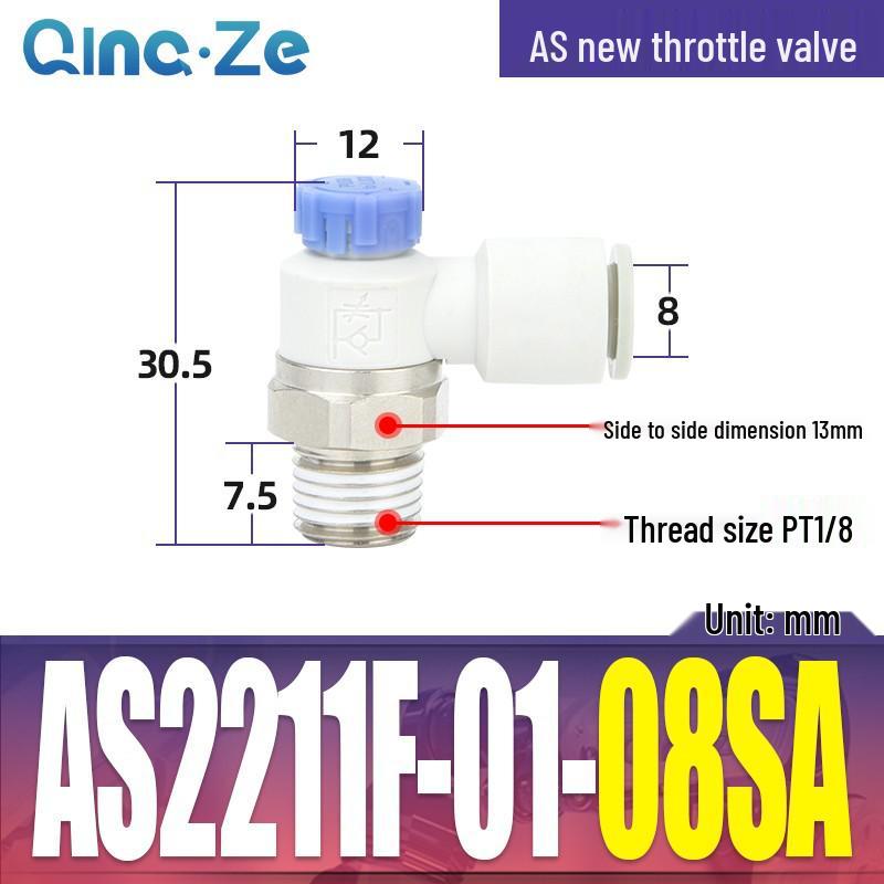 Throttle Speed Control Valve with AS1201F-M5-04A Pneumatic PU Air Hose Connector, Models AS2201F-01-2-06SA/08SA.