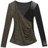 Mesh Base Shirt for Women In Autumn and Winter, Shiny Pleated Sexy V-neck Top, Slim Long-sleeved T-shirt