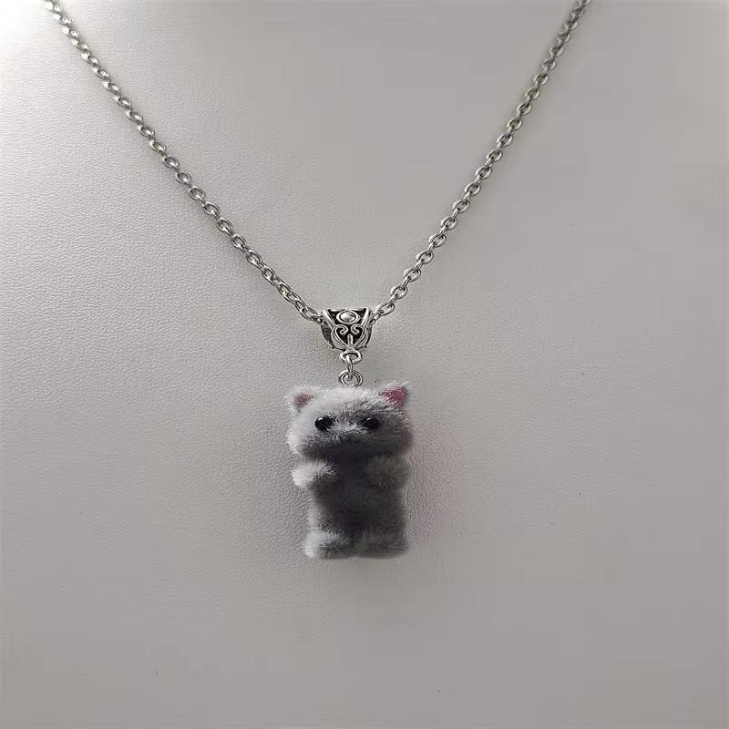 Cute Resin Flocked 3D Cat Necklace,Cartoon Animal Pendant,Cat Jewelry,Holiday Party Gift,Cat Lover Gift серый