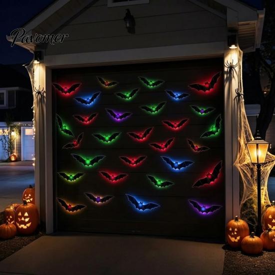 Easy Install Wall Stickers 48Pcs Halloween Bats Decor, LED Light Up Bats, 12 Lights with Remote, Spooky Home Decor for 6 Sizes 3D Indoor Window