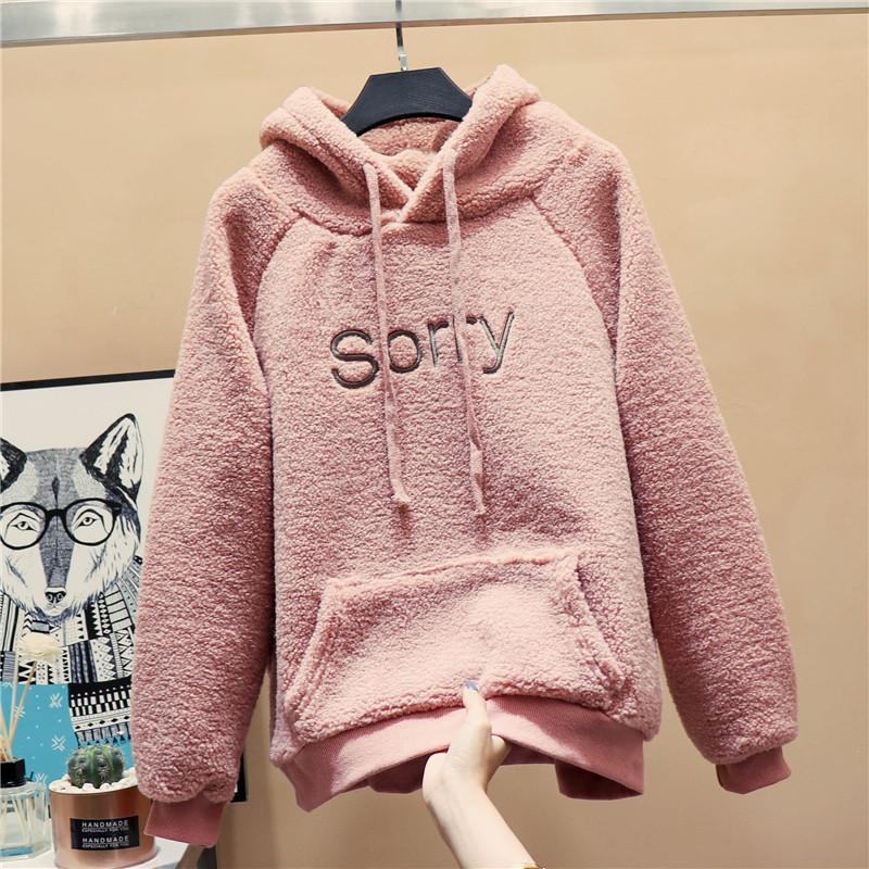 

Hooded fleece thickened lamb fleece furry embroidered sweater schoolgirl autumn and winter warm jacket M