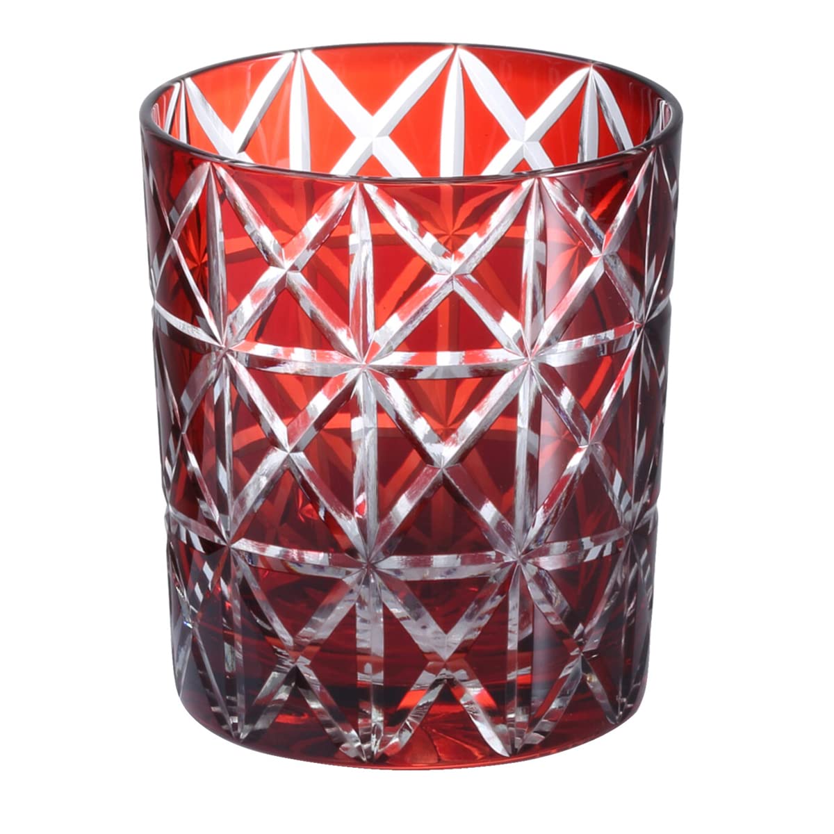 Nostalgia Cut Glass Rock Glass Cup 280cc Diamond Pattern Red with Engraved Base Bishou Current Model J-kitchens 80xH90mm