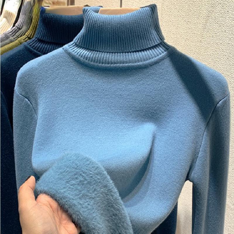 Pulover cald coreean Pulover Femei Iarna Subțire Îngroșare Pluș Căptușit din catifea Tricoturi Jumper Jumătate Gât țesut Poleras Topuri din tricot moale