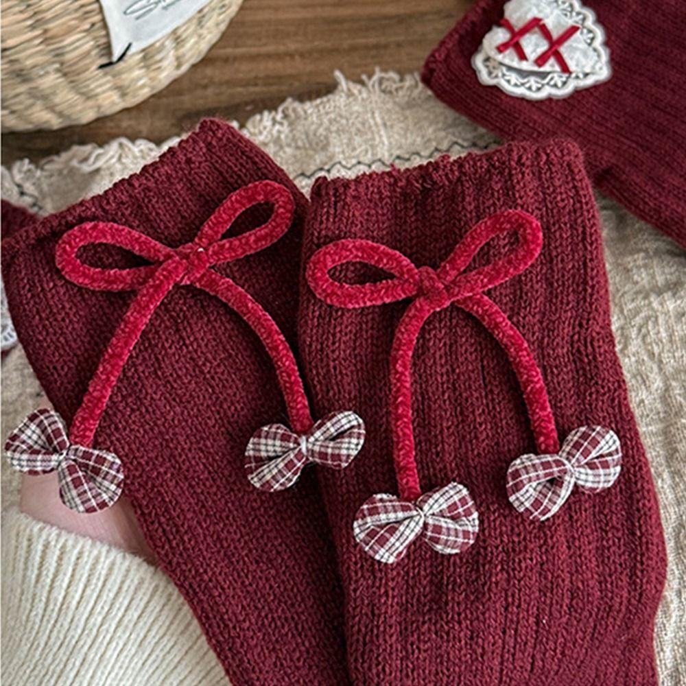 Bow Design Furry Leg Warmers Middle Tube Lolita Boots Cover Knitted Leg Warmers  Autumn Winter