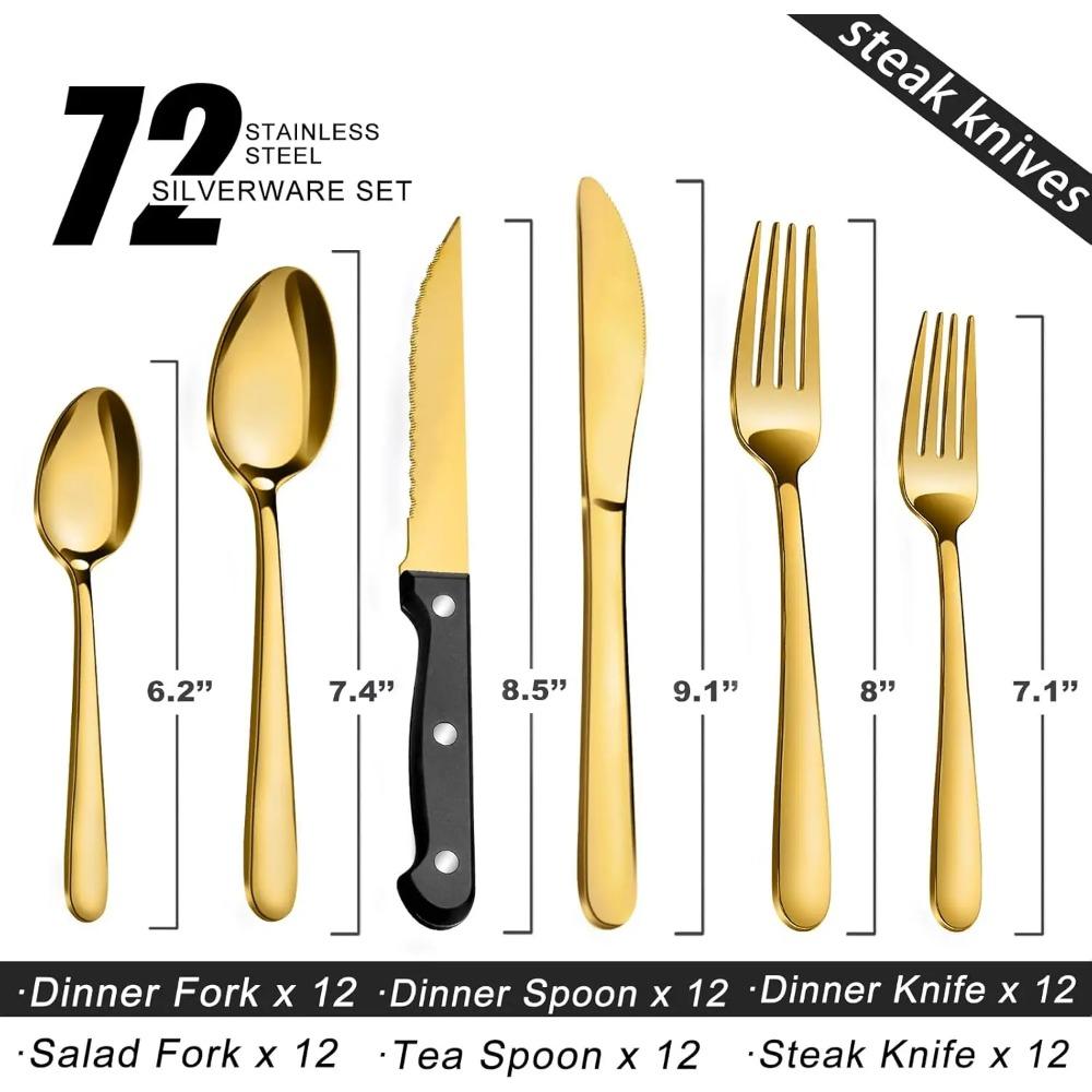 72-częściowe zestawy złotych sztućców, zestaw sztućców ze stekowymi nożami, zestaw sztućców ze stali nierdzewnej, zawiera zestaw widelców, łyżek i noży.