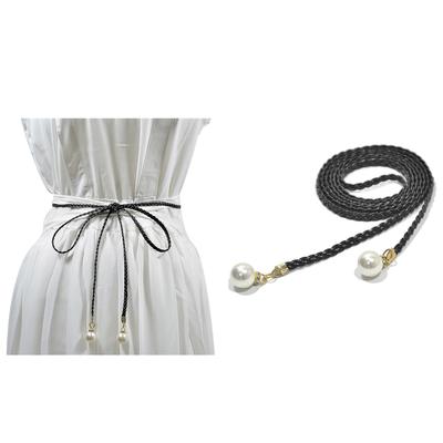 Elegant Braided Waist Belt with Pearl Decors Woven PU Waist Rope for Women Dress Casual Outfit and Music Festival 2PCS