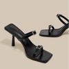 Fashion Stiletto Flip-Flops Summer New Square Toe Open Toe Crystal Metal Buckle Anti-Slip Wear-Resistant High Heels