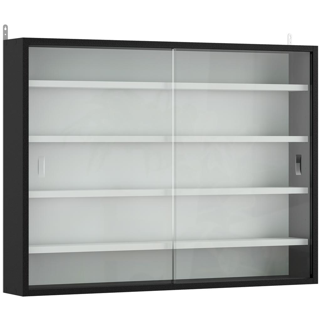 5-Tier Wall Display Cabinet, Wall Mounted Display Case w/ 4 Adjustable Shelves, Glass Doors, 60x80cm, Black and White