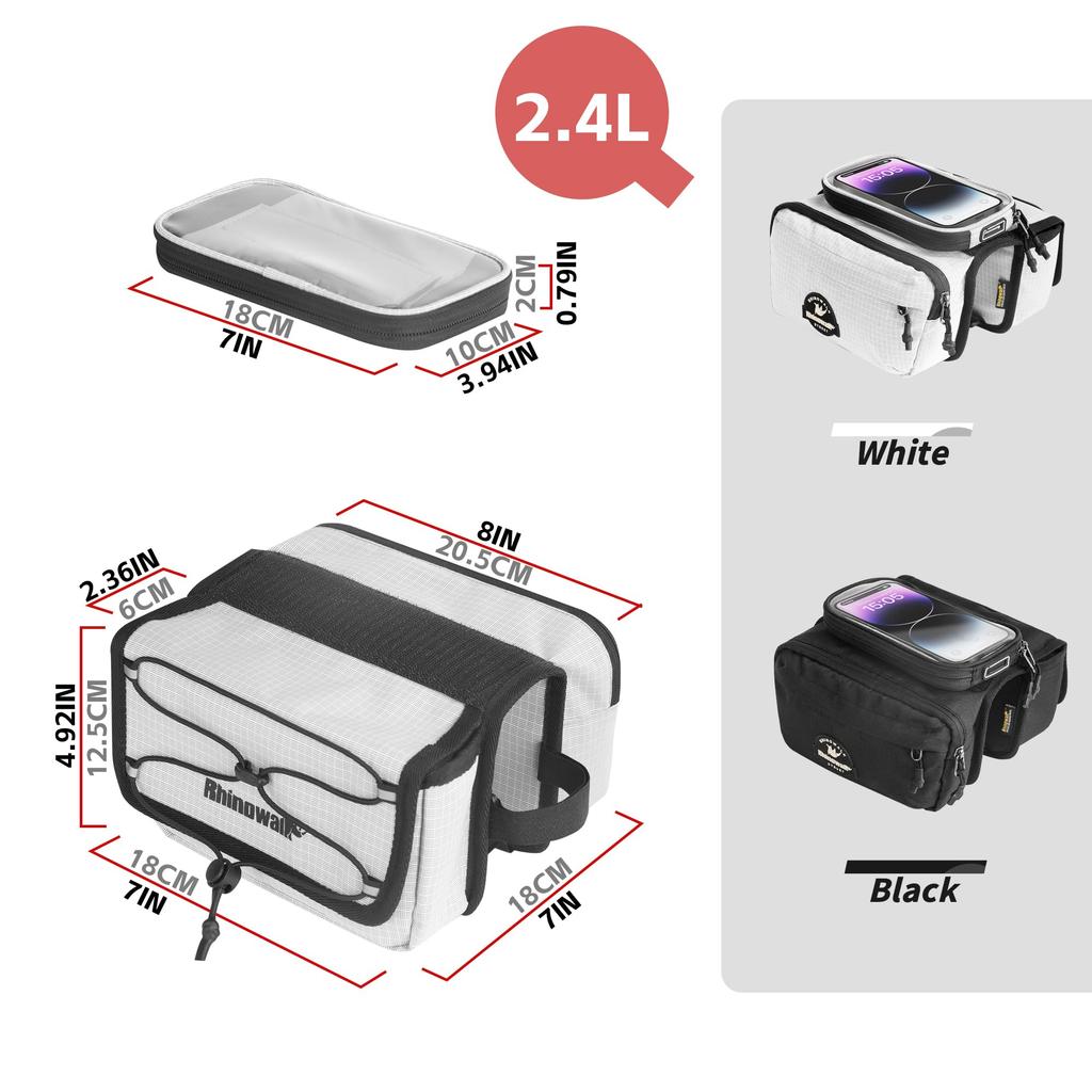 Rhinowalk Bicycle Front Frame Bag, Top Tube Frame Storage, Waterproof Bike Handlebar Bag for Smartphones, Professional Cycling Accessories - White