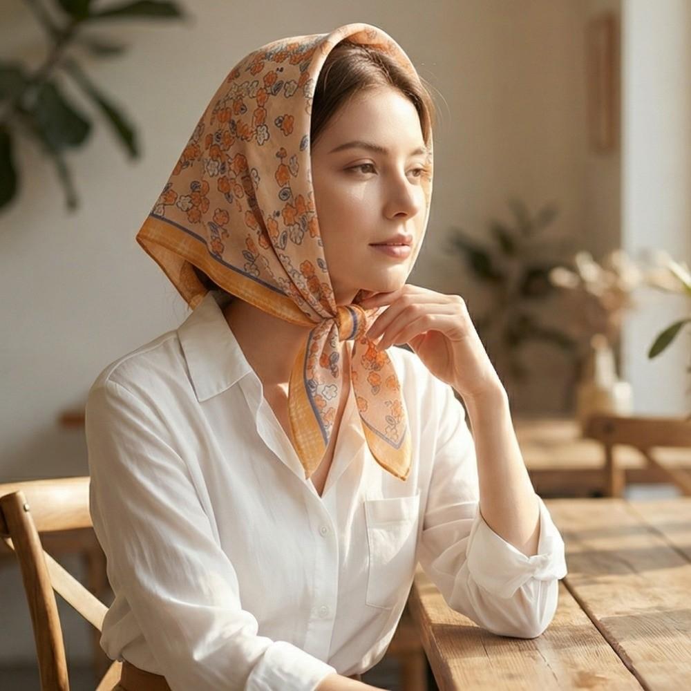 Square Printed Silk Scarf Pastoral Style Floral Kerchief Headband Cotton Linen Square Scarf  Female