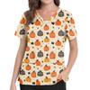 Womens V Neck Halloween Print Medical Scrub Top with Pockets Side Slits Short Sleeve Work Shirt for Healthcare Professionals