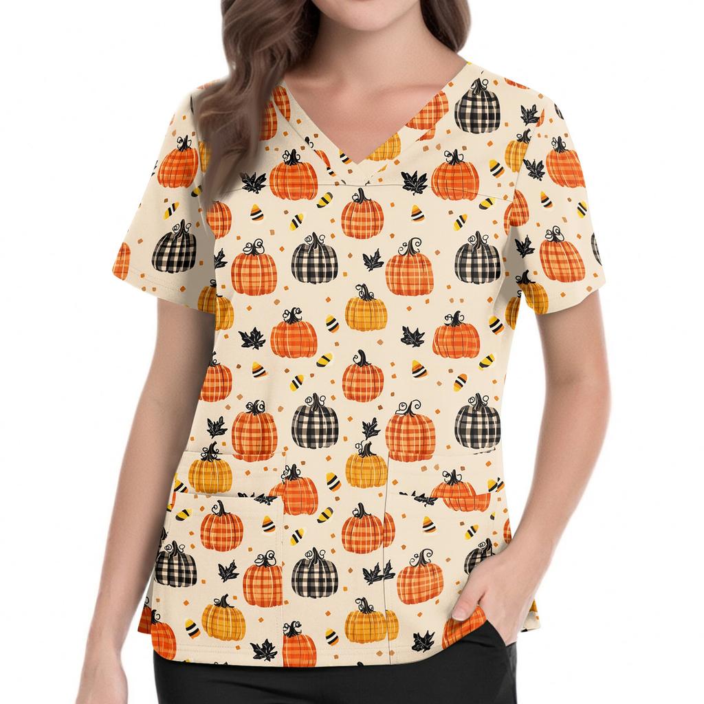 Womens V Neck Halloween Print Medical Scrub Top with Pockets Side Slits Short Sleeve Work Shirt for Healthcare Professionals