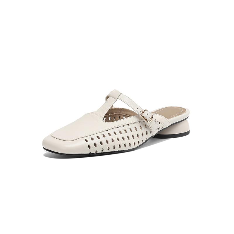Fashion New Summer Slippers Genuine Leather Slippers for Women Fashion Hollow Out Mules Square Toe Low Heels Cover Toe Slippers Sandals