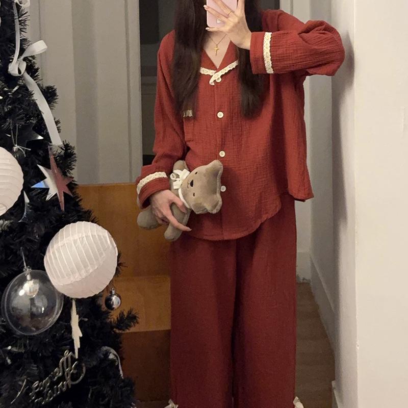 Korean Style Lace Trim Sweet Women's Lapel Pajamas - Casual & Comfortable Home Wear