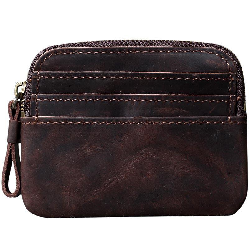 Wielokieszeniowy Portfel Męski Retro Kawa Ręcznie Robiony Skóra Crazy Horse Designerski Zapinany na Zamek Kieszonki na Monety i Karty Kredytowe Małe Saszetki