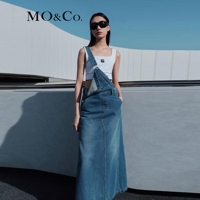 MO&Co. Women's Washed Blue Denim A-Line Overall Dress