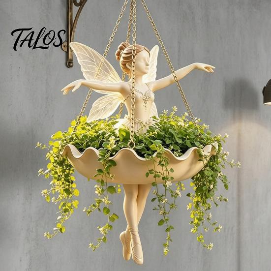 Whimsical Mermaid Plant Holder Fairy Ballet Dancer Hanging Planter, Resin Decorative Flower Pot with Metal Chain, Small Pothos Container Outdoor