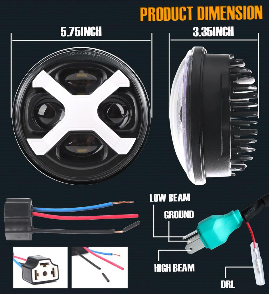 HENGTUAOTO 5.75" LED X Style Motorcycle Headlight White DRL Sportster Iron 883 Super Low