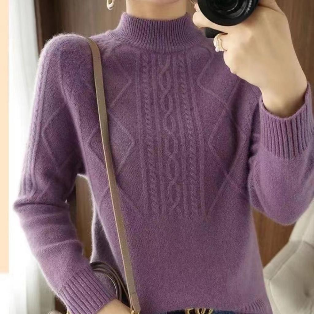 Half Turtleneck Sweater for Women Solid Color Casual Warm Knitted Sweater Thickened Loose Long-sleeved Pullover Autumn and Winter