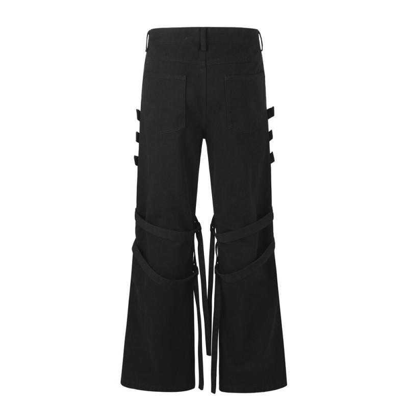 Mens Flared Denim Pants Hippie Street Style Distressed Jeans With Metal Rings Casual Trousers