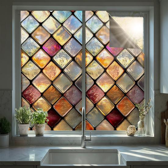 Statische Glasfolie, Fensterfolie mit farbiger Glasstruktur, UV-lichtblockierende, wasserdichte, staubdichte Sichtschutzfolie für die Heimdekoration
