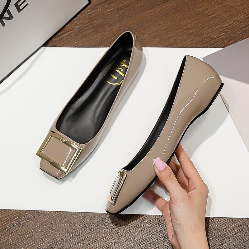 

H-25-1 Square buckle flats patent leather square head shallow mouth bridal temperament commuting new single shoes women 34