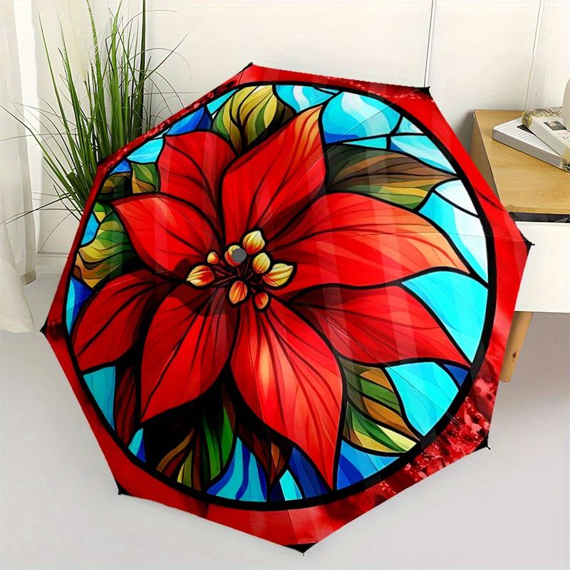 1pc Stained Glass Automatic Folding Umbrella - 8-Rib Iron Frame, Windproof, Portable Sunshade with Plastic Handle for Travel & Outdoor Activ