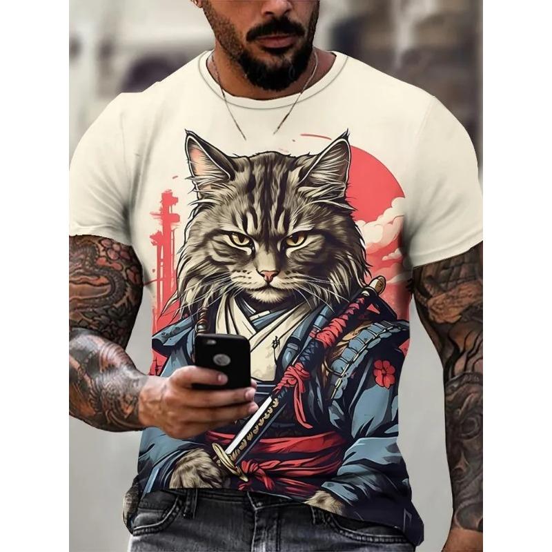 Men's Shirt Style Samurai Cat Graphic 3D Printed T-Shirt Casual Short Sleeved Tee Ersized Men Clothing Tops