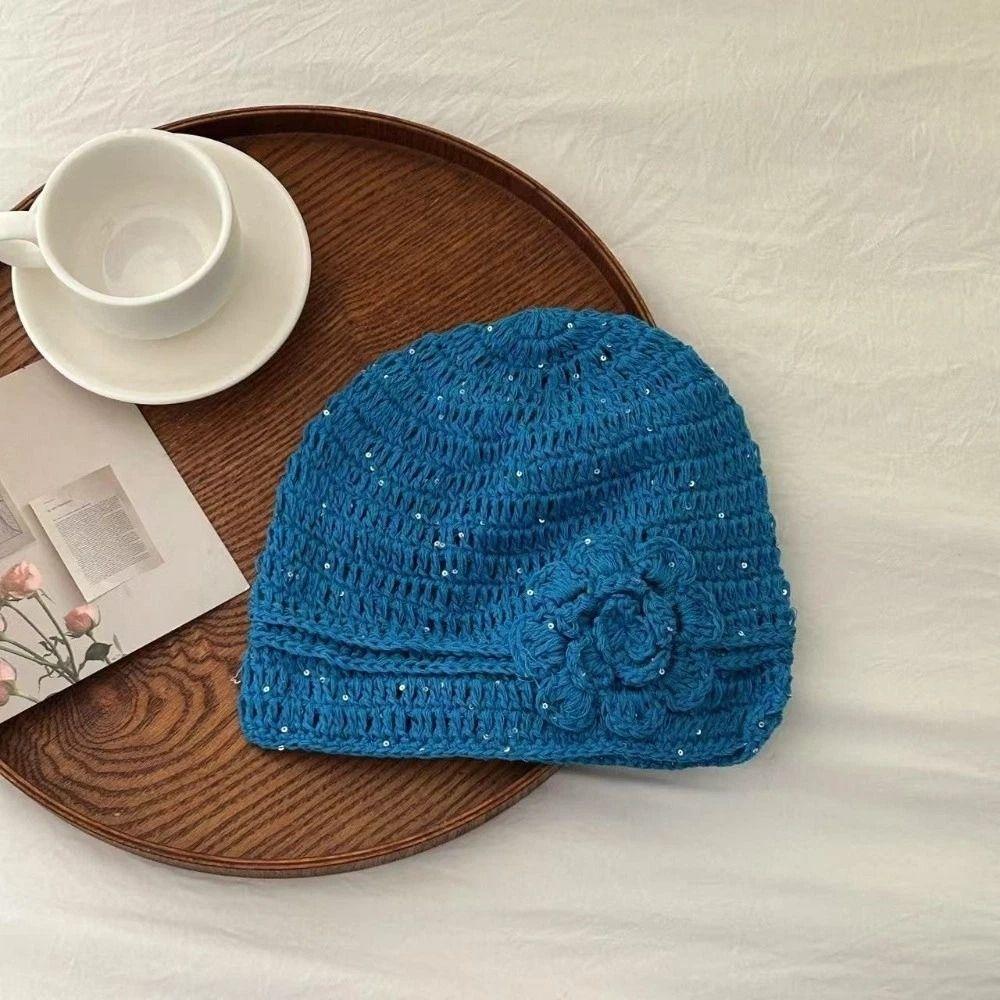 Flower Knitted Caps Hollow Sequin Crochet Hat Y2k Style Beanies Cap