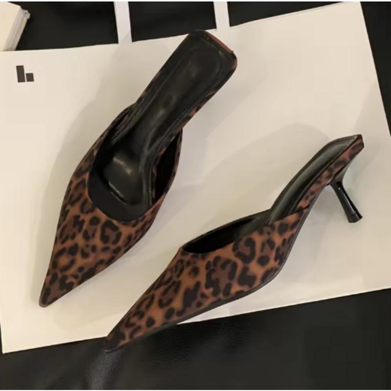 

Fashion 2025 Hot Spring New Leopard Print Women Slipper Pointed Toe Thin Low Heel Sandal Ladies Mules Shoes Mature and Elegant Style 40