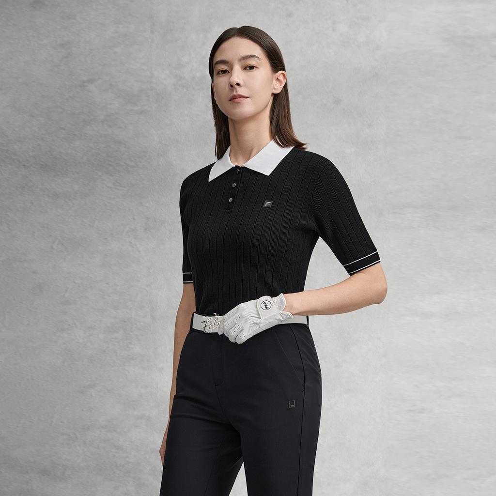 FILA Golf Series Simple Fashion Classic Sports Casual Golf Versatile Comfortable Woven Short Sleeve Polo Shirt Women tops Deep-Black A11W615408FBK