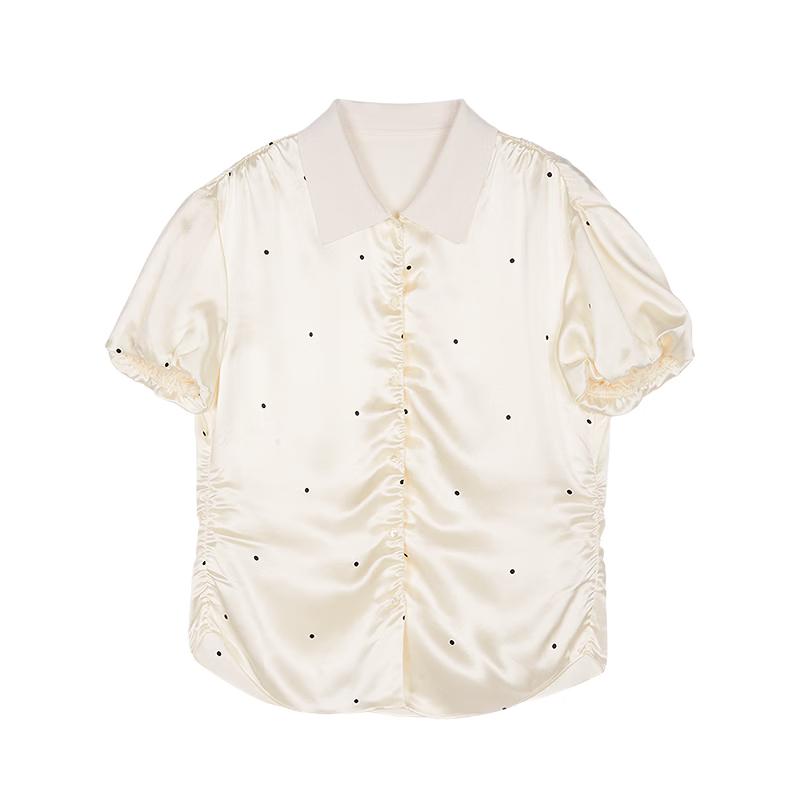 LESS Women's Casual Short-Sleeve Polka Dot Silk Shirt